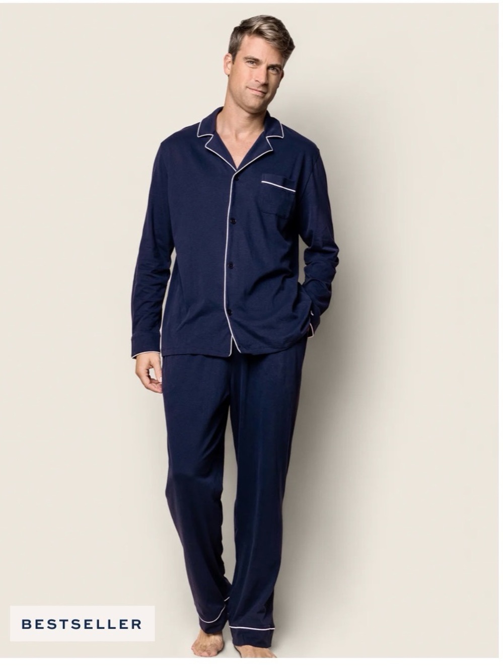 PETITE PLUME Navy Quilted Pajama Set with White Contrast Piping Size XL NWT